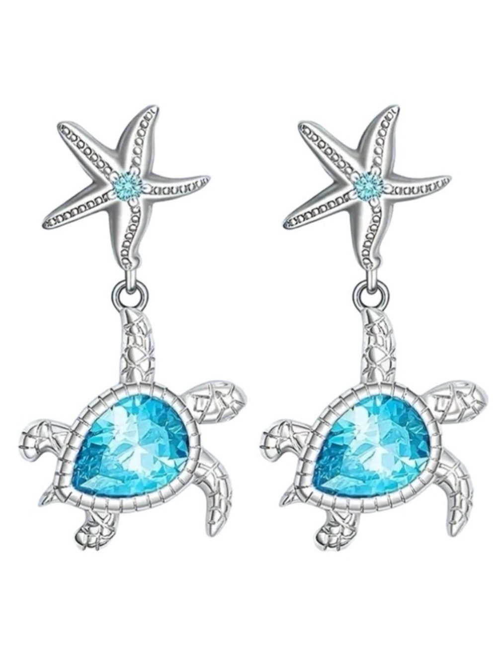 Sea Turtle Starfish Blue Silver Toned Stud Earrings